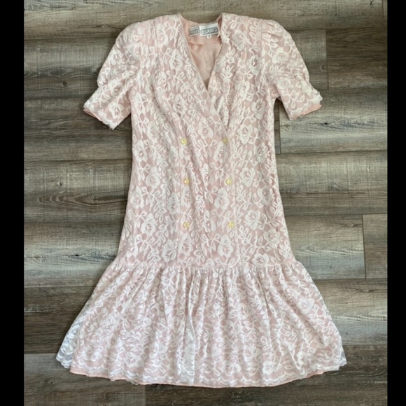 Vintage Pink Lace Overlay Drop Waist Button Down Vneck Dress Shoulder Pads - Picture 1 of 10